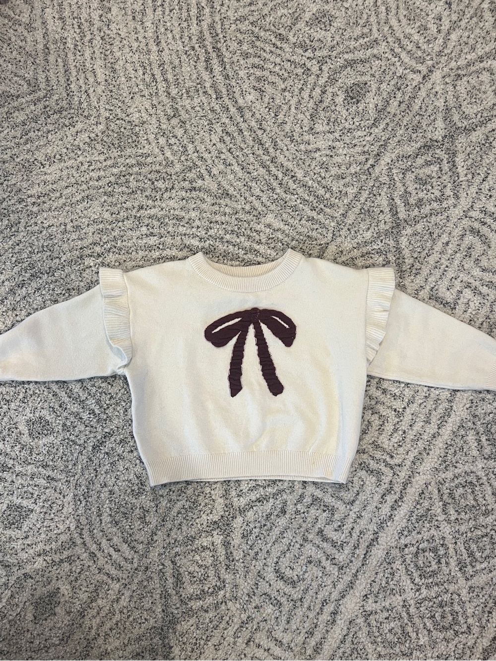 Little Co. Cream Knit Sweater with Burgundy Bow Accent